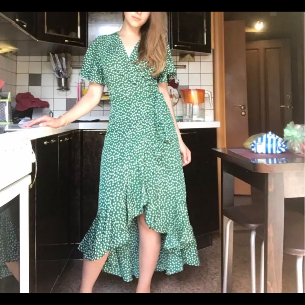 NWT Boho Green Floral V-Neck Ruffle Maxi Dress - Picture 13 of 13
